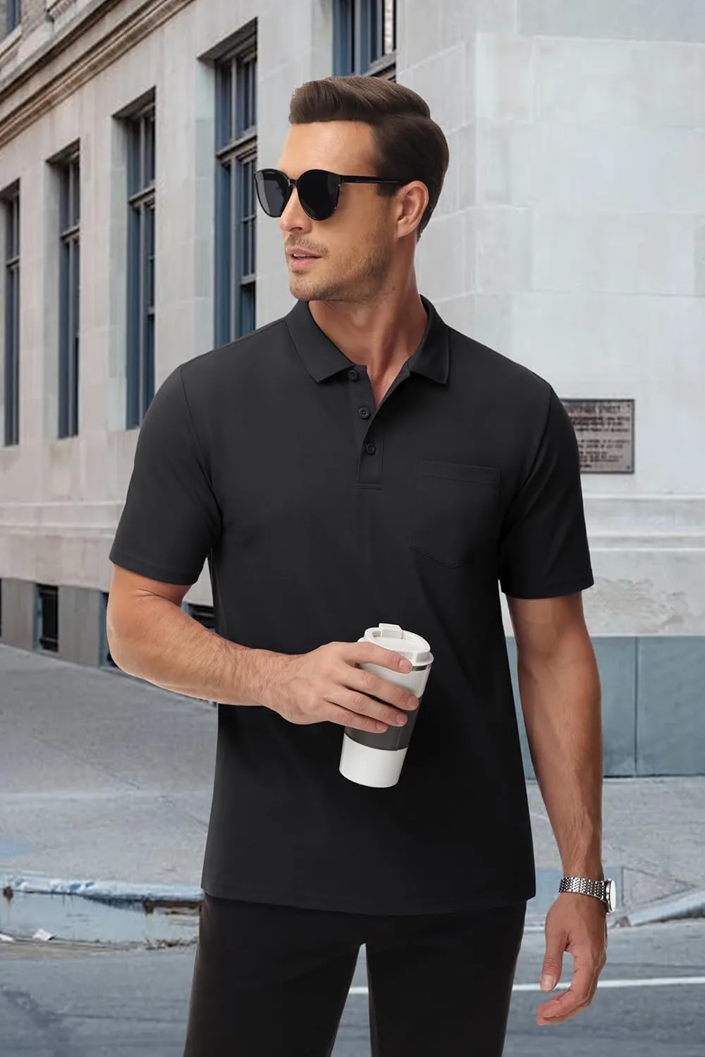 MAGCOMSEN Mens Polo Shirts with Pocket Cotton Pique Short Sleeve Collared Shirt Moisture Wicking Golf Shirts 3-Button Shirts