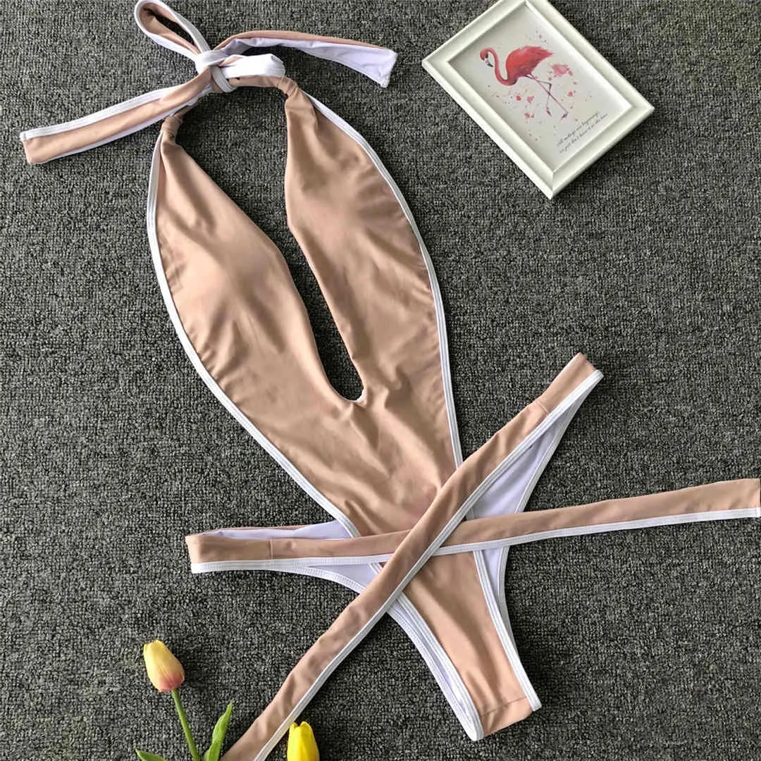 Neon Green Women Swimwear High Cut Backless One Piece Swimsuit Female Bather Sexy Halter Bathing Suit Swim Monokini V1336G