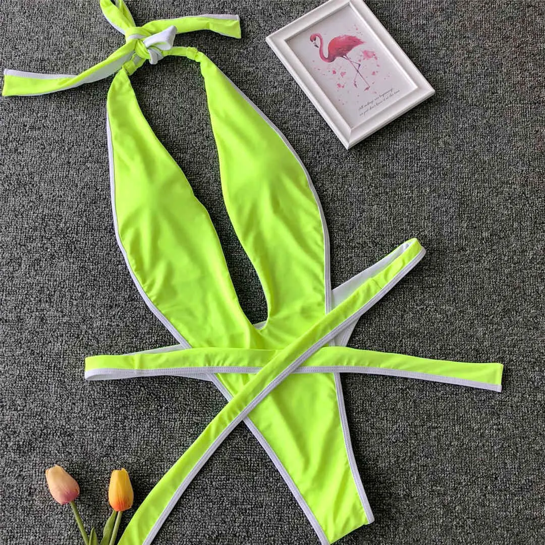 Neon Green Women Swimwear High Cut Backless One Piece Swimsuit Female Bather Sexy Halter Bathing Suit Swim Monokini V1336G