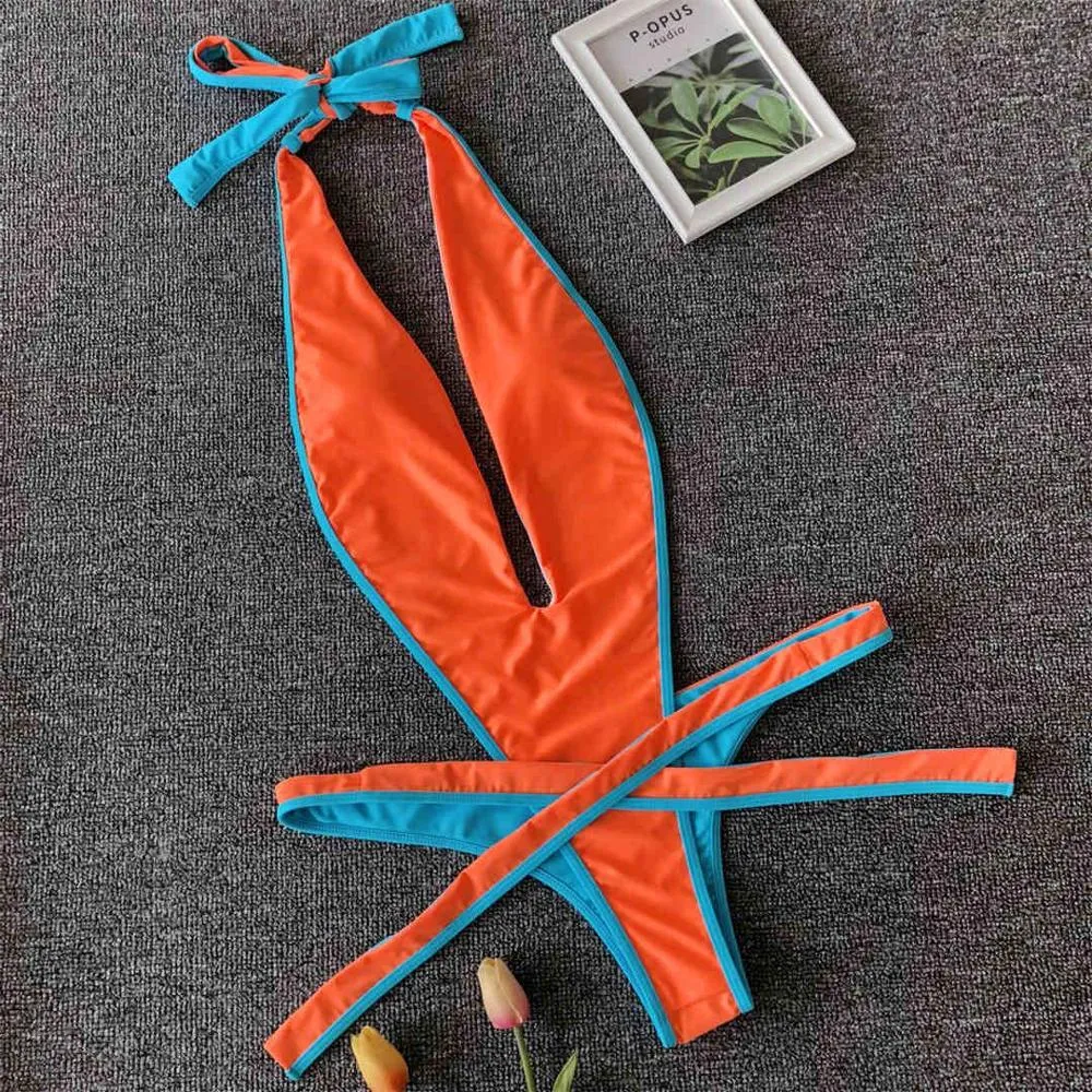 Neon Green Women Swimwear High Cut Backless One Piece Swimsuit Female Bather Sexy Halter Bathing Suit Swim Monokini V1336G