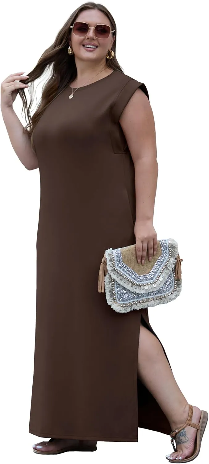 OLRIK 2025 Summer Women's Plus Size Maxi Dresses for Curvy Women Casual Split Long Dress with Pockets