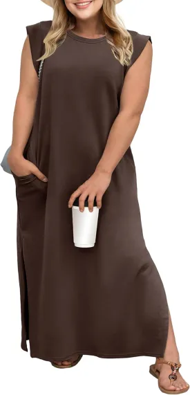 OLRIK 2025 Summer Women's Plus Size Maxi Dresses for Curvy Women Casual Split Long Dress with Pockets