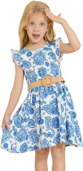 PATPAT Little Big Girls Dress Vintage Boho Floral Ruffle Short Sleeve Casual Swing Dress with Braided Belt