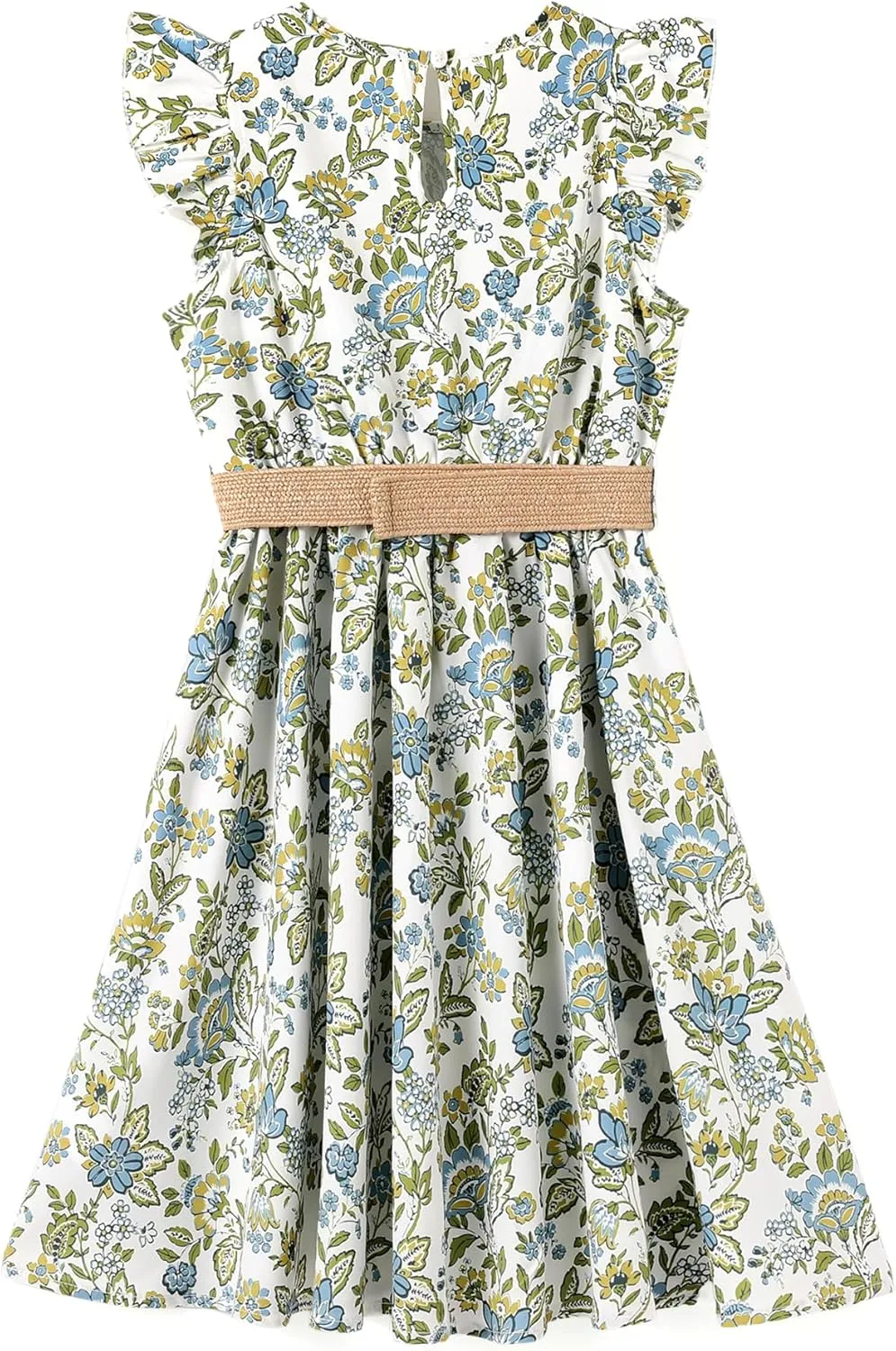 PATPAT Little Big Girls Dress Vintage Boho Floral Ruffle Short Sleeve Casual Swing Dress with Braided Belt