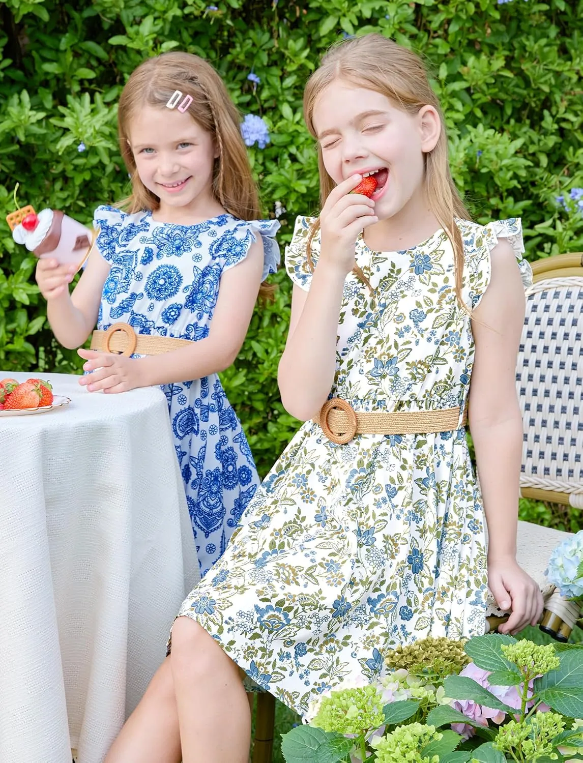 PATPAT Little Big Girls Dress Vintage Boho Floral Ruffle Short Sleeve Casual Swing Dress with Braided Belt
