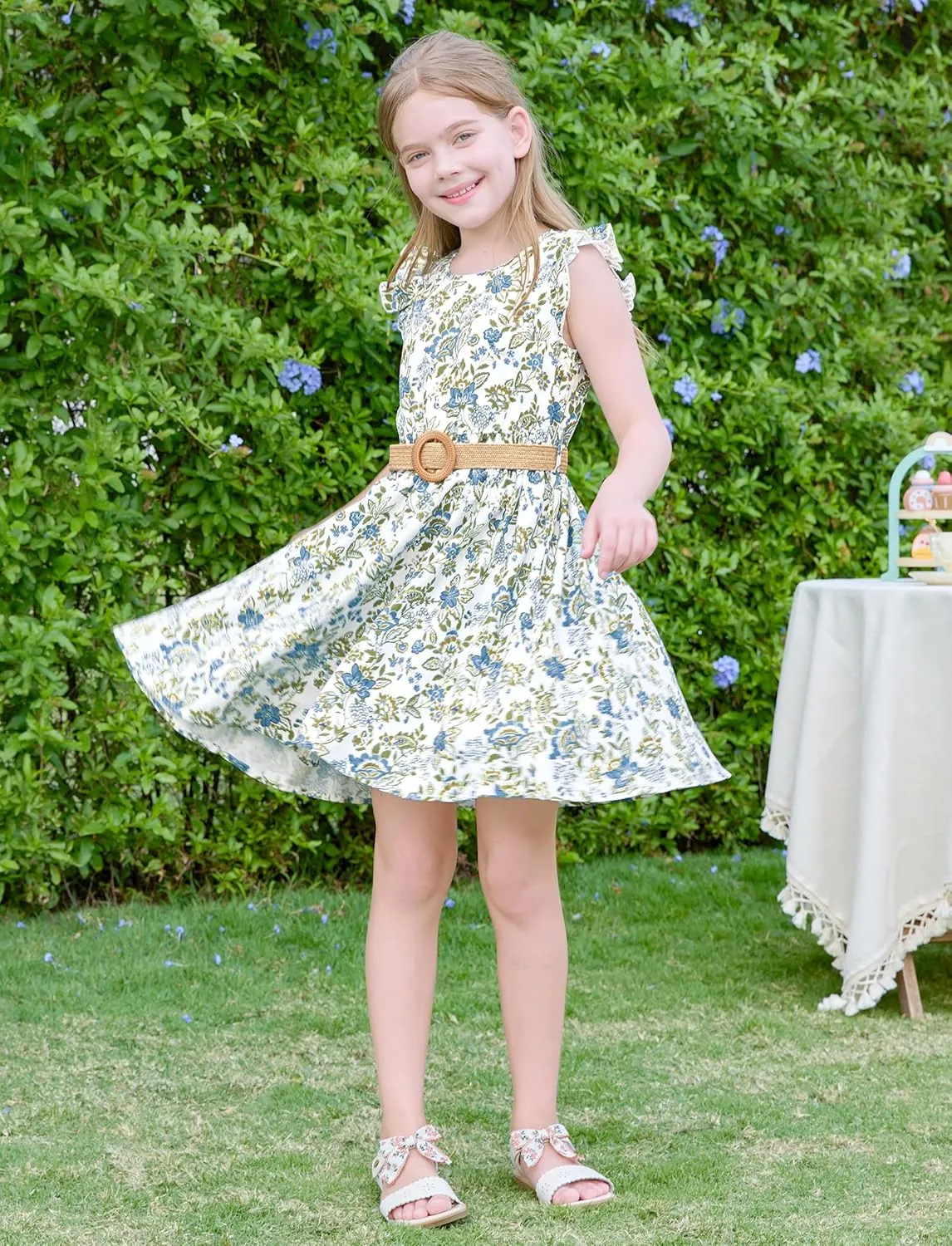 PATPAT Little Big Girls Dress Vintage Boho Floral Ruffle Short Sleeve Casual Swing Dress with Braided Belt