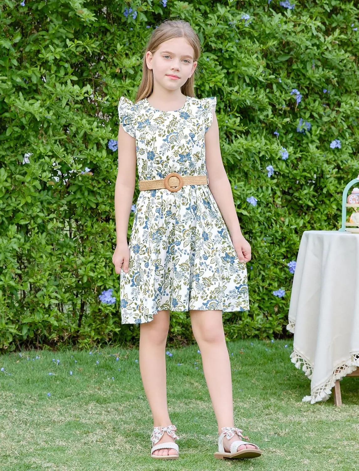 PATPAT Little Big Girls Dress Vintage Boho Floral Ruffle Short Sleeve Casual Swing Dress with Braided Belt
