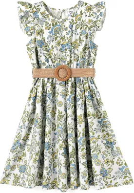 PATPAT Little Big Girls Dress Vintage Boho Floral Ruffle Short Sleeve Casual Swing Dress with Braided Belt