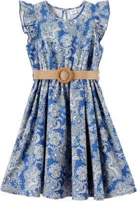 PATPAT Little Big Girls Dress Vintage Boho Floral Ruffle Short Sleeve Casual Swing Dress with Braided Belt
