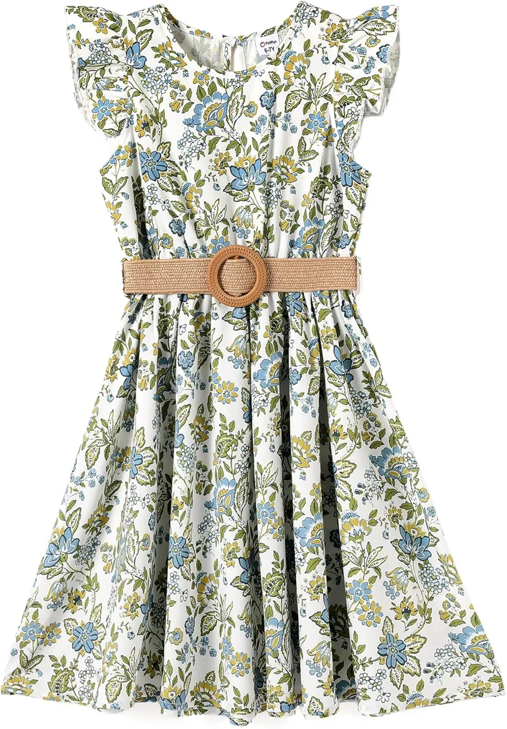 PATPAT Little Big Girls Dress Vintage Boho Floral Ruffle Short Sleeve Casual Swing Dress with Braided Belt