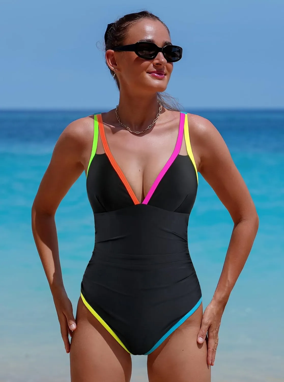 popvil Women's One Piece 2025 Tummy Control Swimsuits Neon Color Block Swimwear Deep V Neck Slimming Bathing Suit