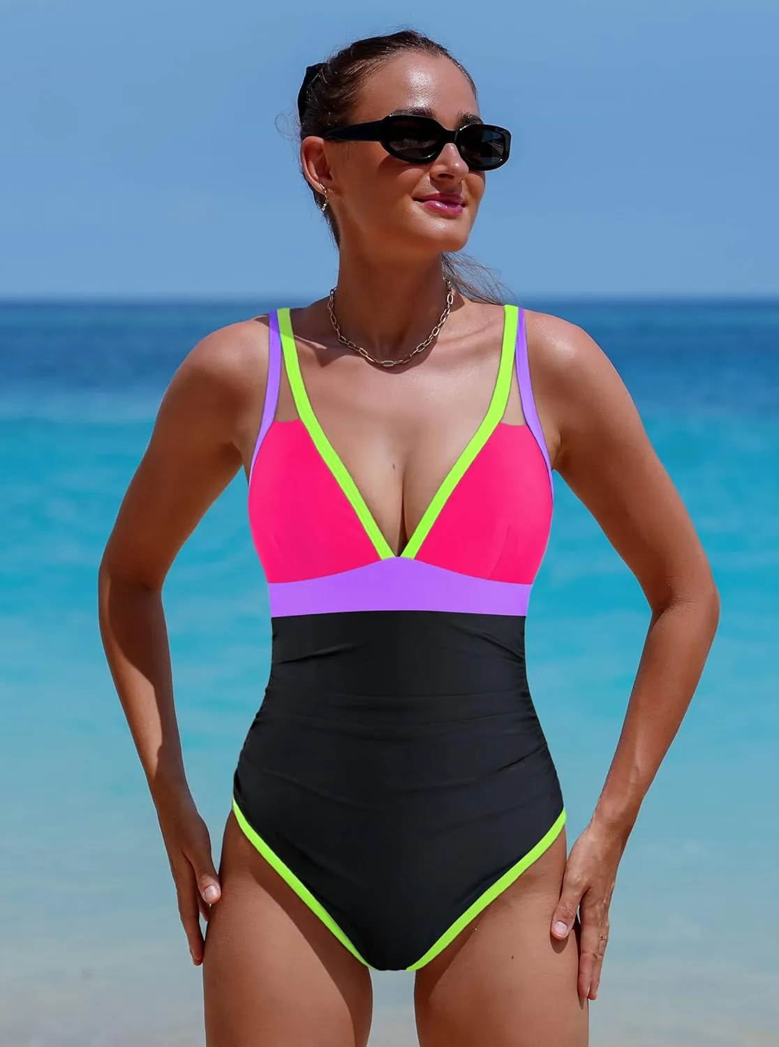 popvil Women's One Piece 2025 Tummy Control Swimsuits Neon Color Block Swimwear Deep V Neck Slimming Bathing Suit