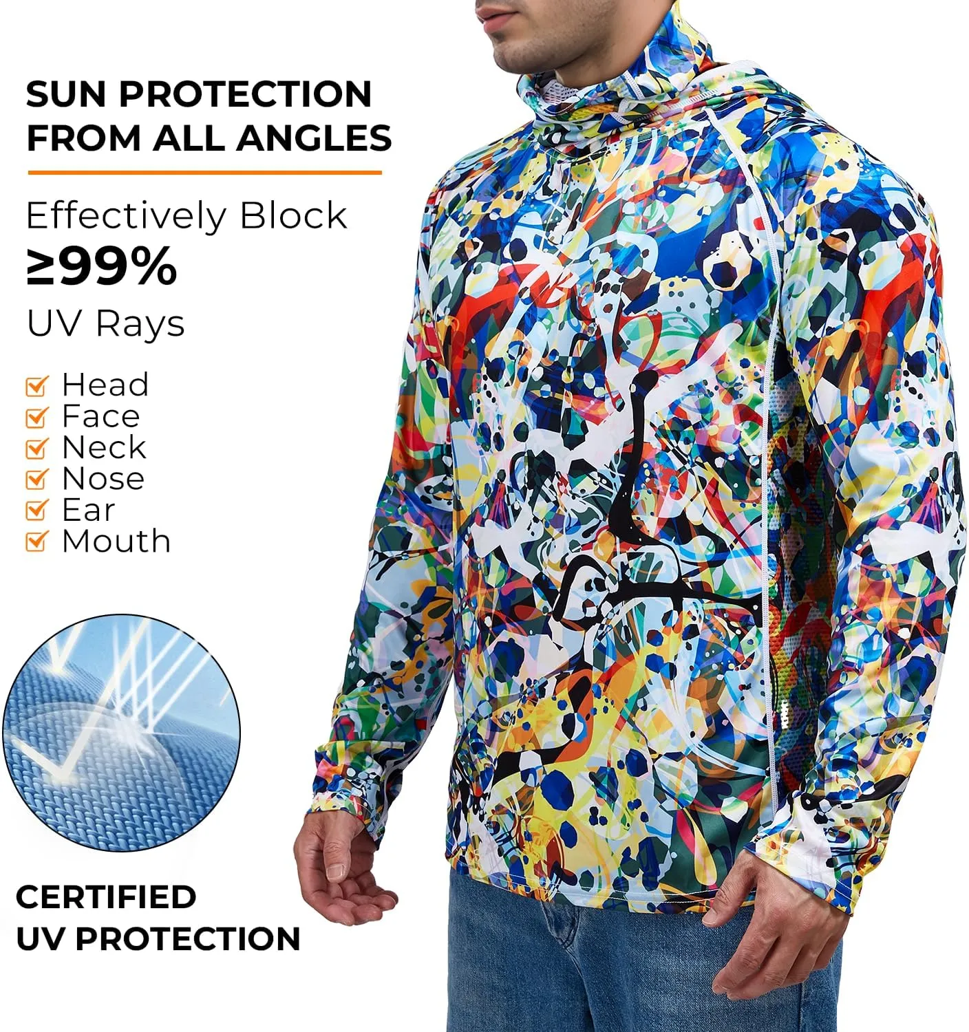 Rodeel UPF 50  Mens Long Sleeve Performance Fishing Hiking Shirt with Mask UV Neck Gaiter Hoodie