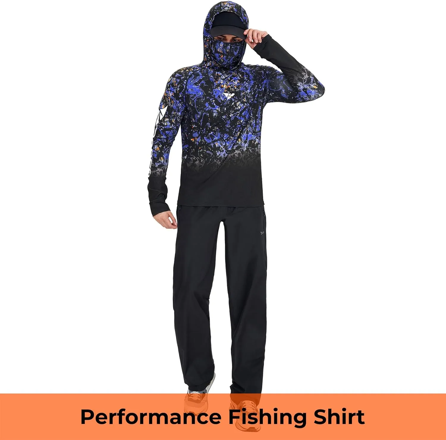 Rodeel UPF 50  Mens Long Sleeve Performance Fishing Hiking Shirt with Mask UV Neck Gaiter Hoodie