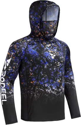 Rodeel UPF 50  Mens Long Sleeve Performance Fishing Hiking Shirt with Mask UV Neck Gaiter Hoodie