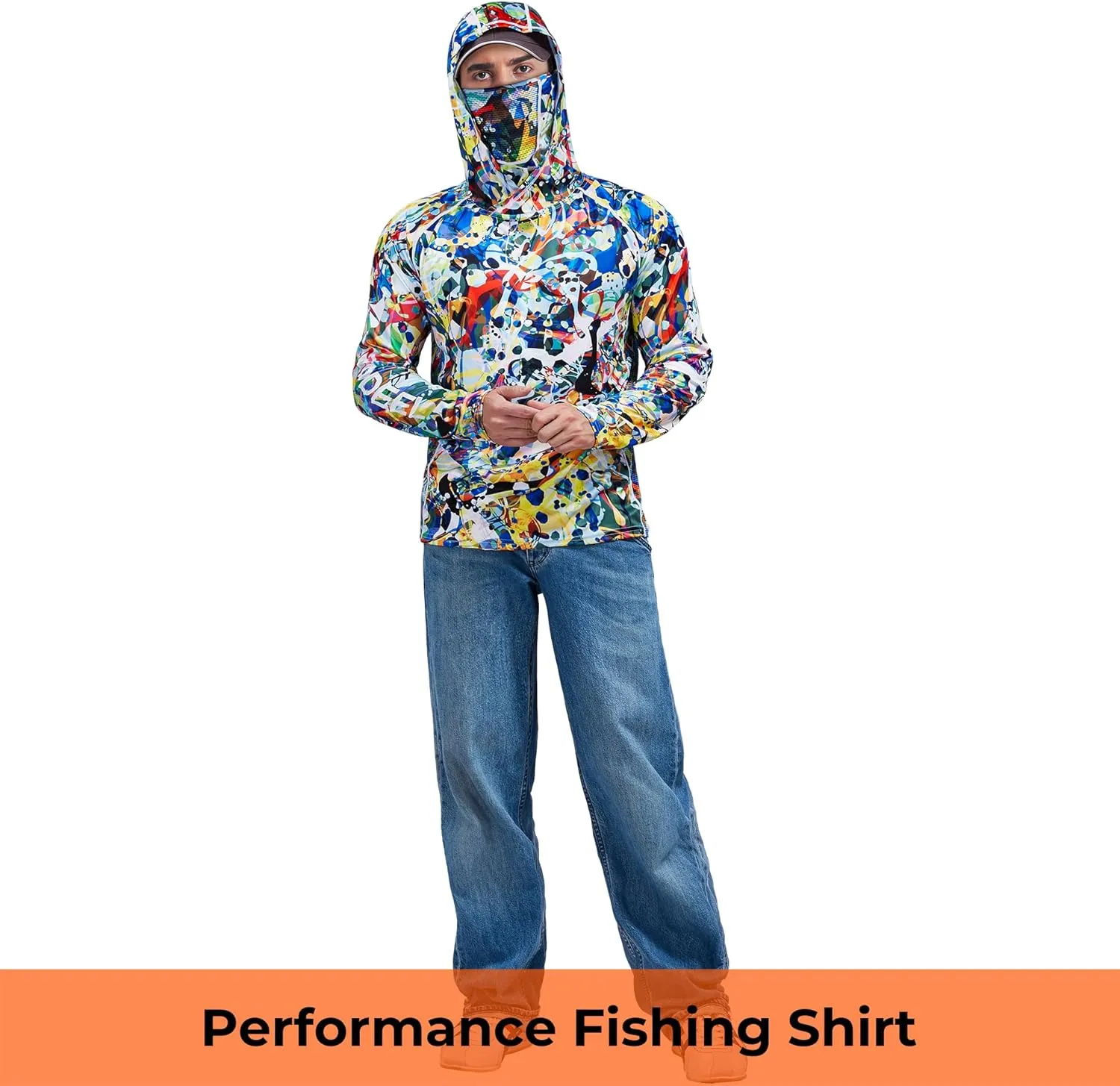 Rodeel UPF 50  Mens Long Sleeve Performance Fishing Hiking Shirt with Mask UV Neck Gaiter Hoodie