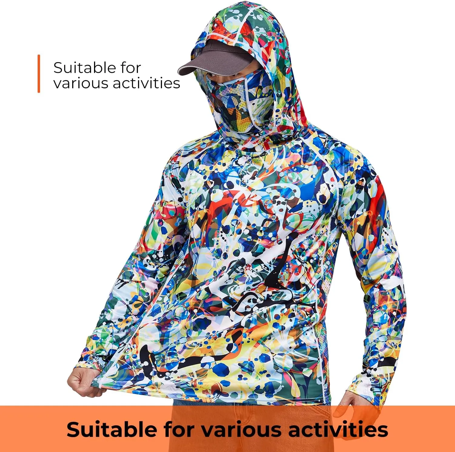 Rodeel UPF 50  Mens Long Sleeve Performance Fishing Hiking Shirt with Mask UV Neck Gaiter Hoodie