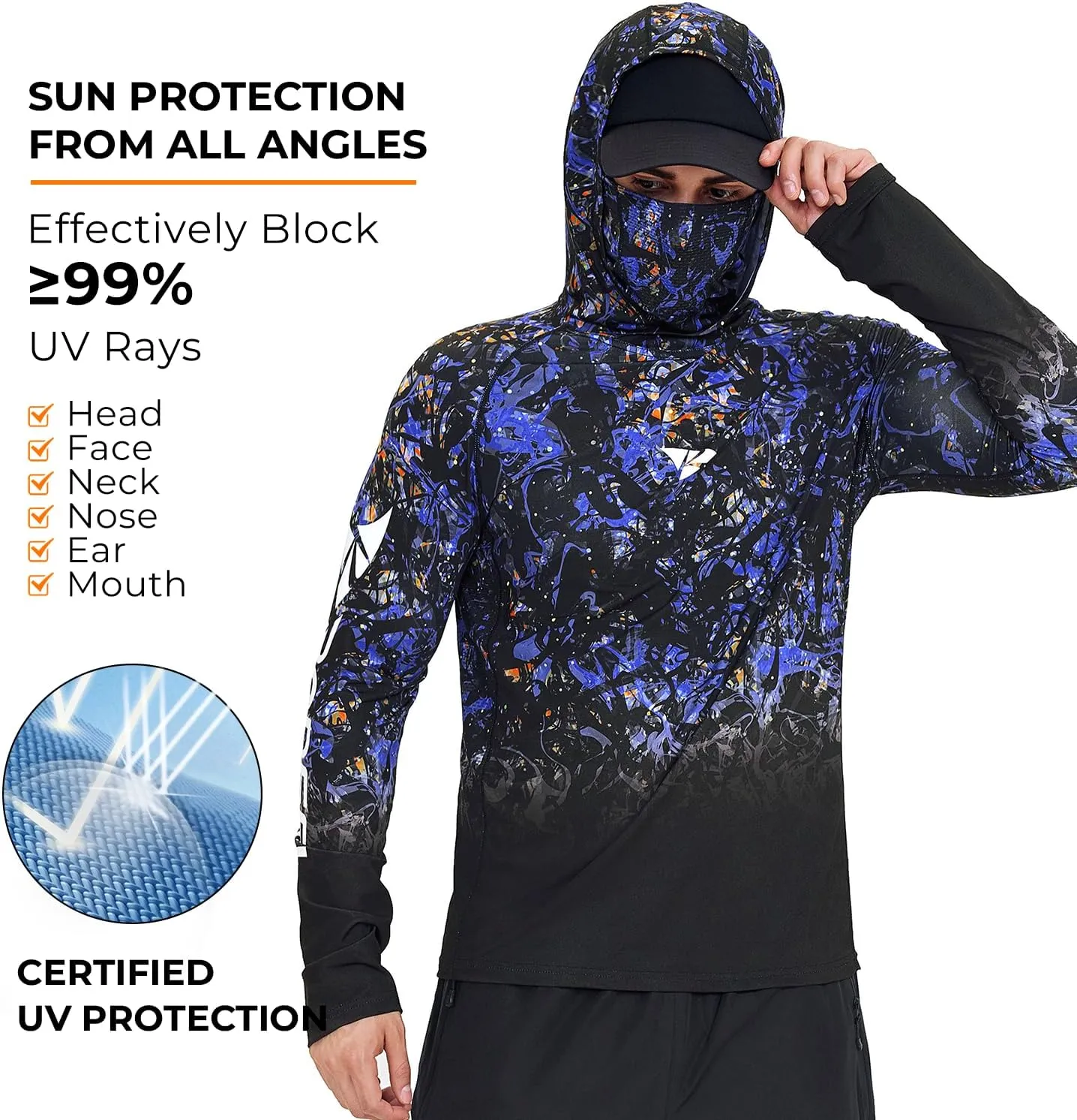 Rodeel UPF 50  Mens Long Sleeve Performance Fishing Hiking Shirt with Mask UV Neck Gaiter Hoodie