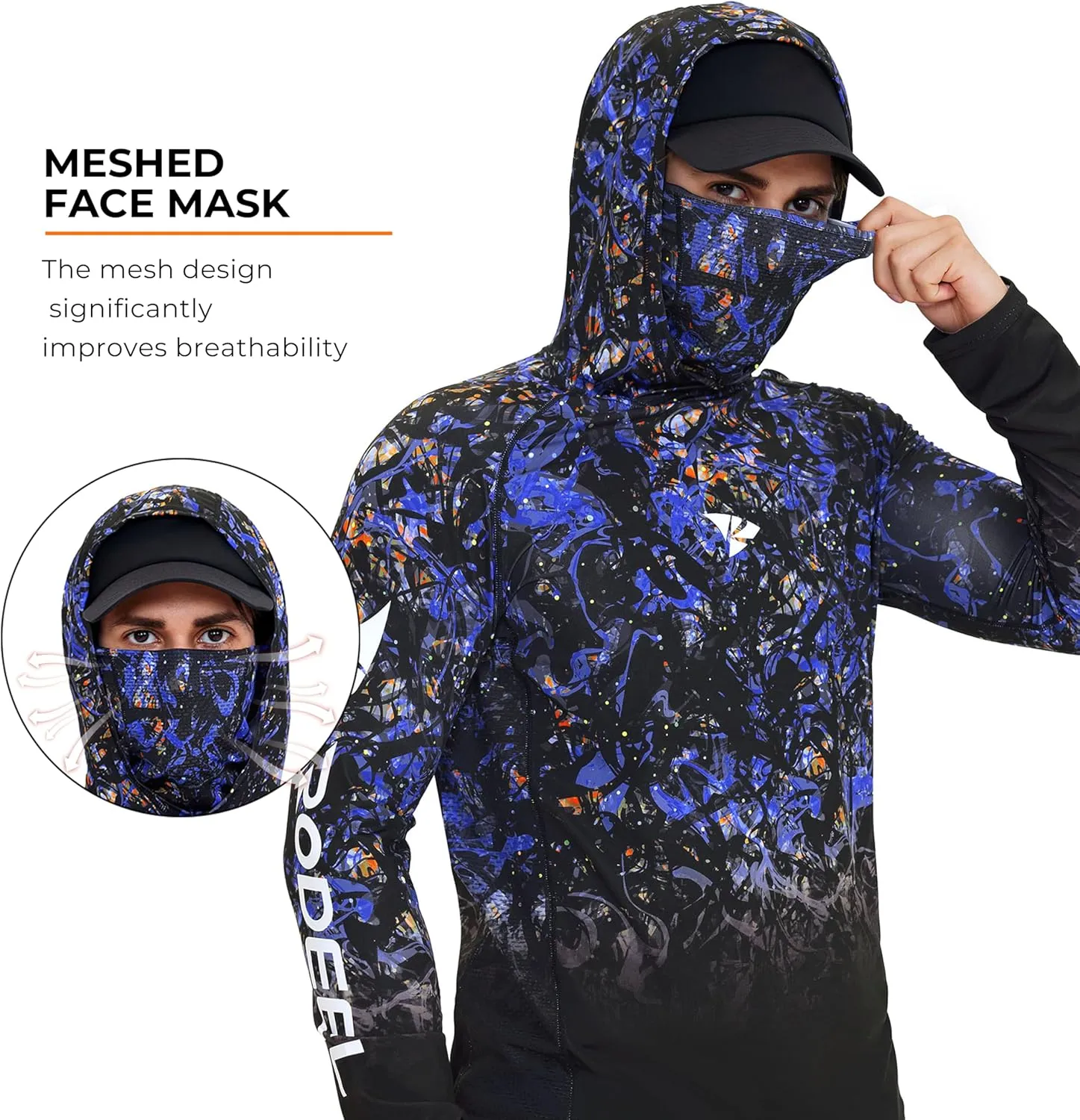 Rodeel UPF 50  Mens Long Sleeve Performance Fishing Hiking Shirt with Mask UV Neck Gaiter Hoodie