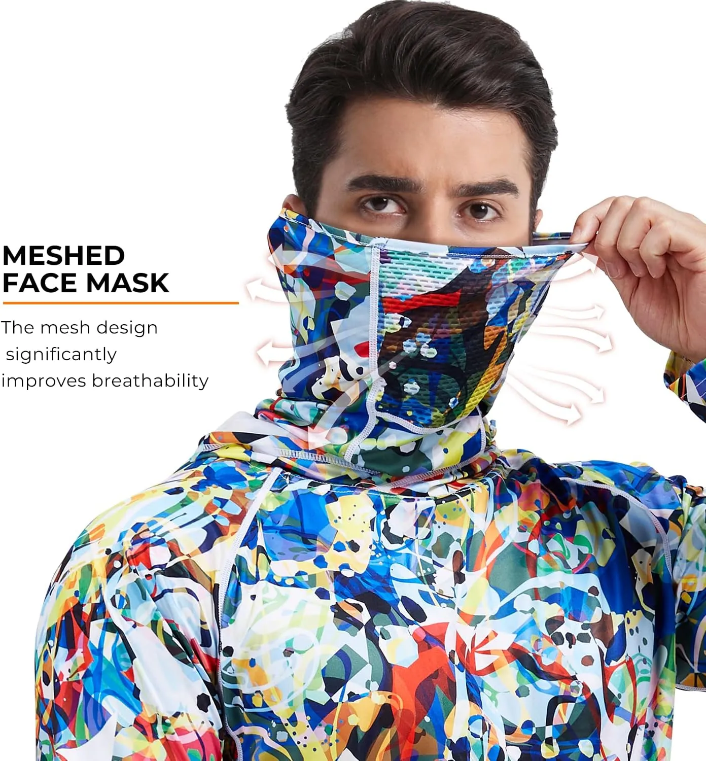 Rodeel UPF 50  Mens Long Sleeve Performance Fishing Hiking Shirt with Mask UV Neck Gaiter Hoodie