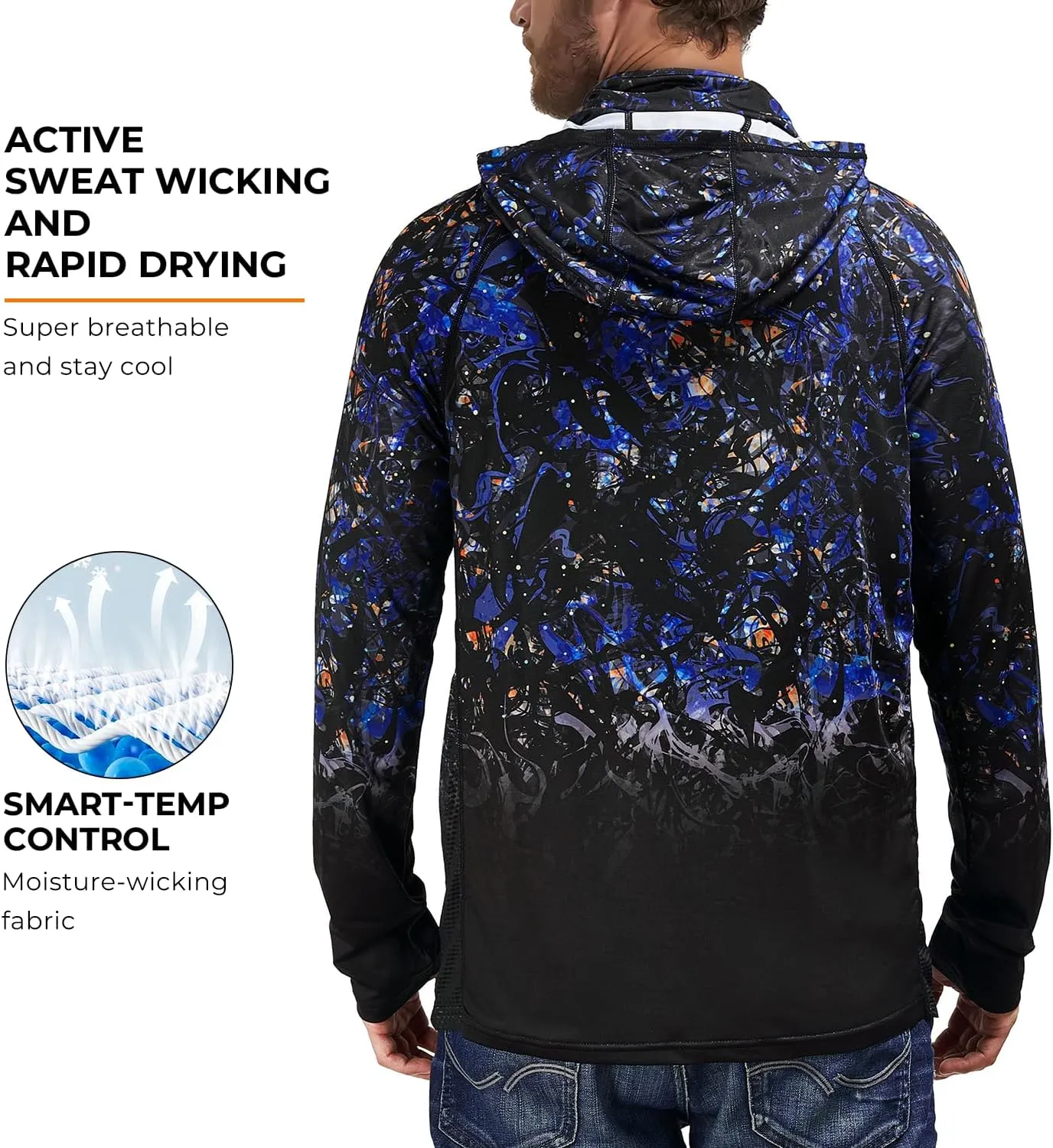 Rodeel UPF 50  Mens Long Sleeve Performance Fishing Hiking Shirt with Mask UV Neck Gaiter Hoodie
