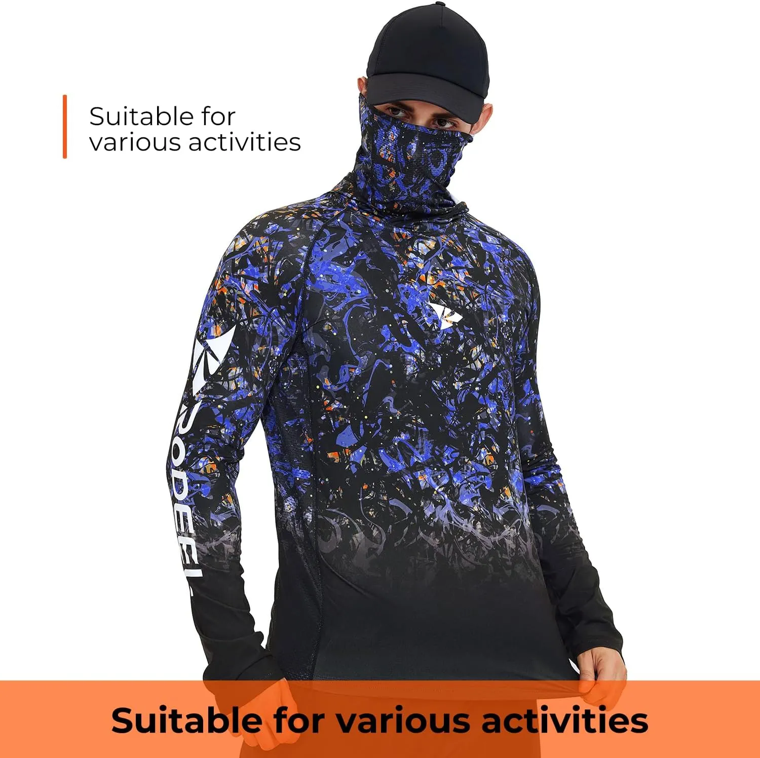 Rodeel UPF 50  Mens Long Sleeve Performance Fishing Hiking Shirt with Mask UV Neck Gaiter Hoodie