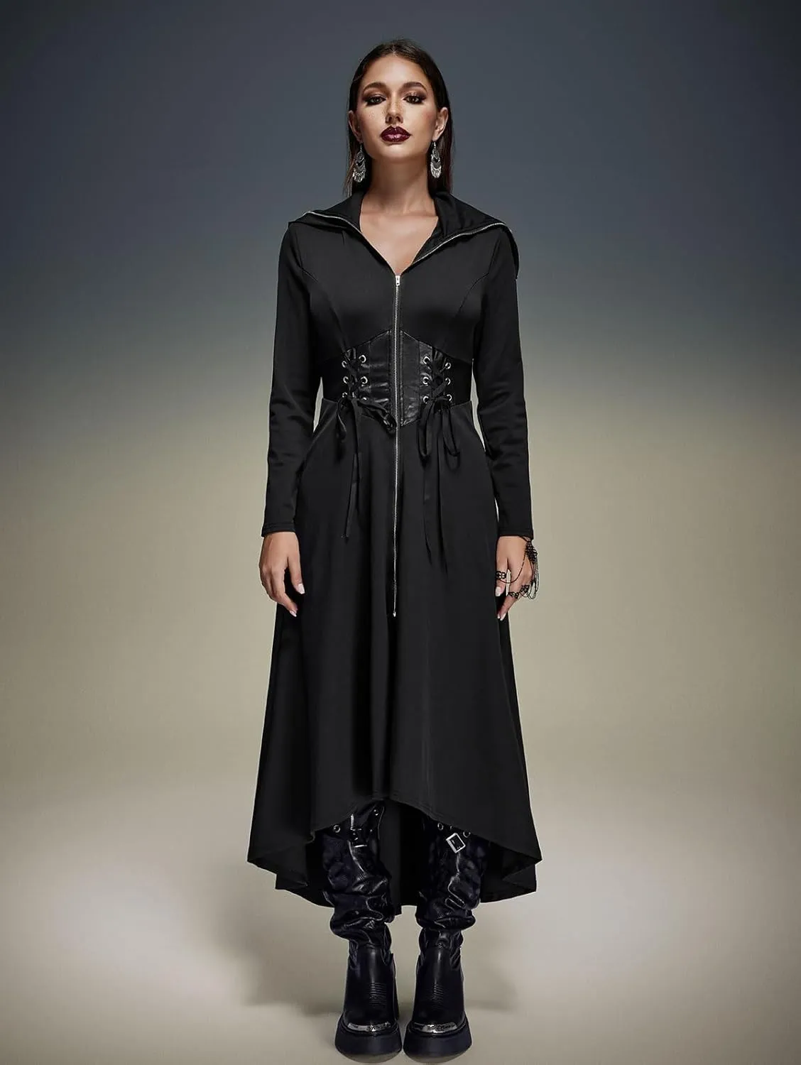 ROSE GAL Rosegal Plus Size Womens Gothic PU Panel Lace Up Zip Slit High Low Hem Hooded Corset Waist Long Trench Coat