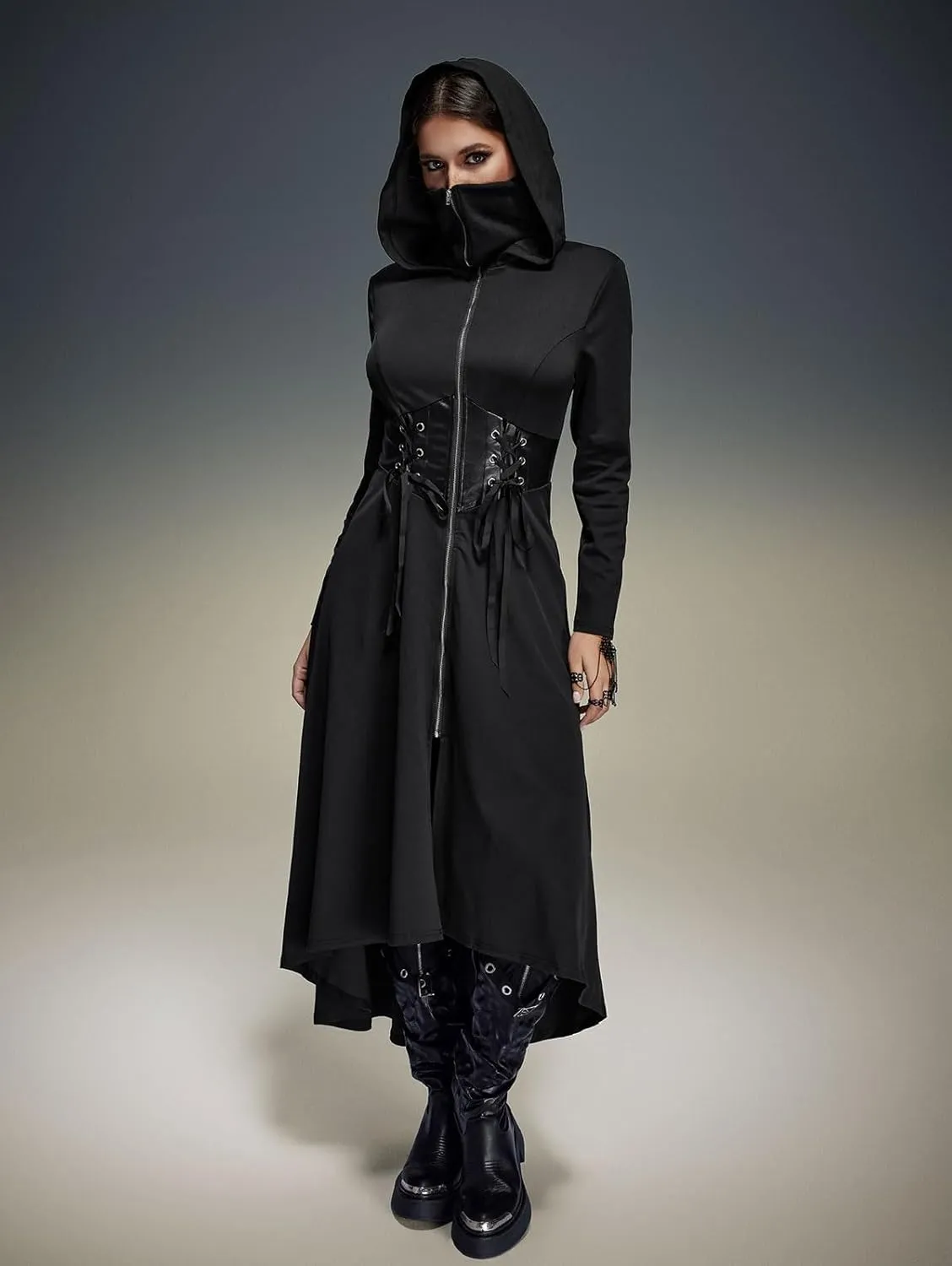 ROSE GAL Rosegal Plus Size Womens Gothic PU Panel Lace Up Zip Slit High Low Hem Hooded Corset Waist Long Trench Coat