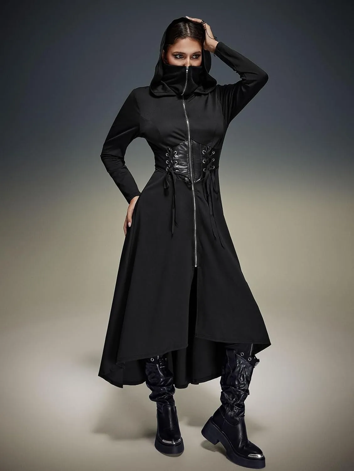 ROSE GAL Rosegal Plus Size Womens Gothic PU Panel Lace Up Zip Slit High Low Hem Hooded Corset Waist Long Trench Coat