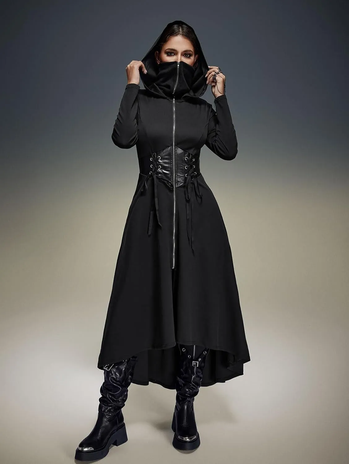 ROSE GAL Rosegal Plus Size Womens Gothic PU Panel Lace Up Zip Slit High Low Hem Hooded Corset Waist Long Trench Coat