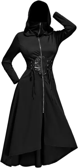 ROSE GAL Rosegal Plus Size Womens Gothic PU Panel Lace Up Zip Slit High Low Hem Hooded Corset Waist Long Trench Coat