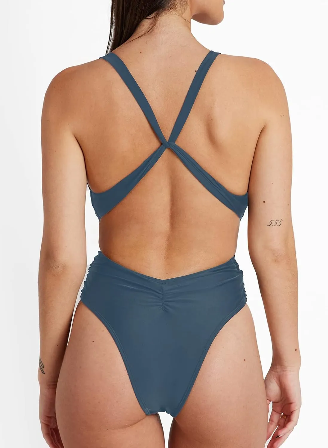 Royal Blue Cut Out Cross Back Tie Deep V Neck Ruched High Cut
