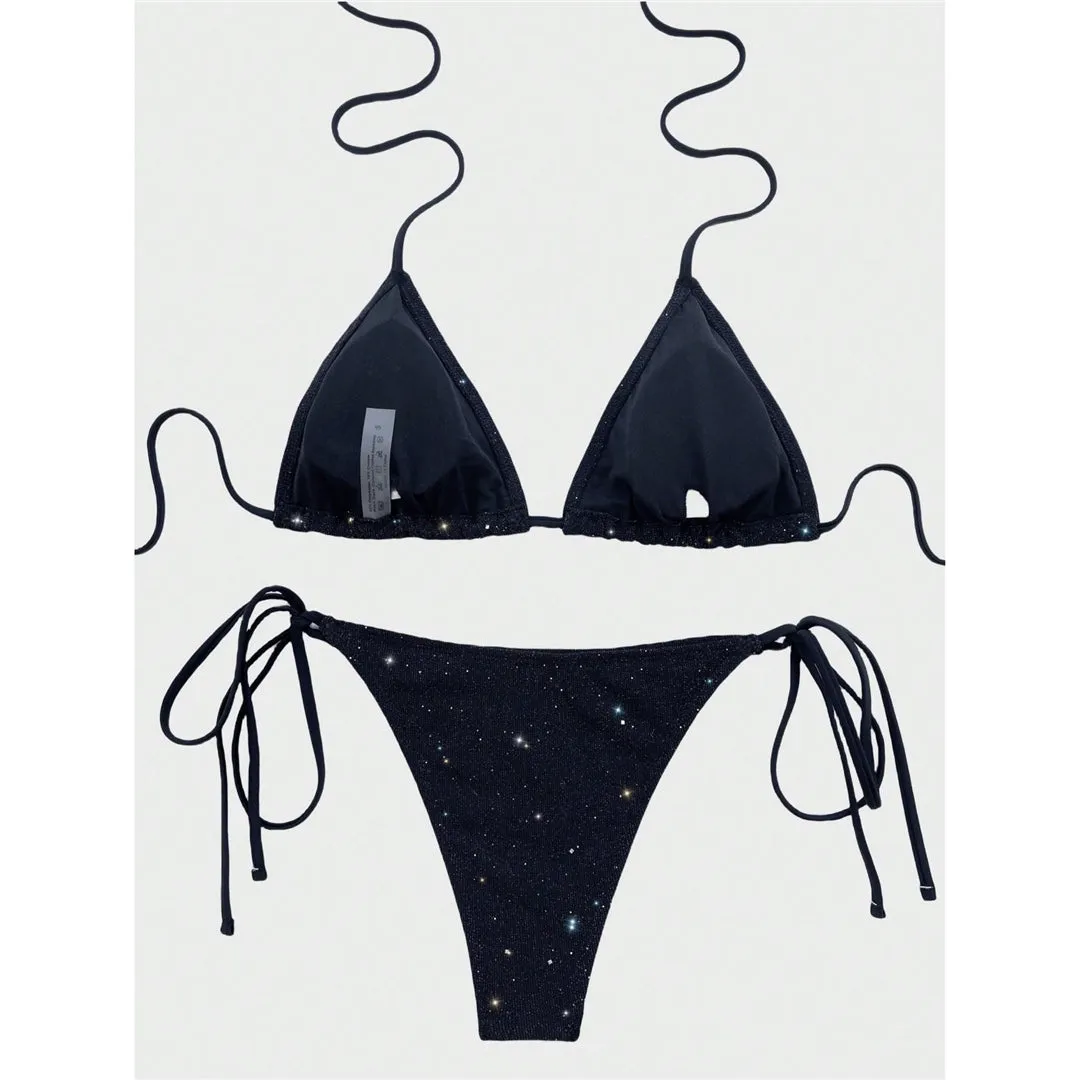 Ruby Glitter Sparkling Halter High Leg Cut Bikini