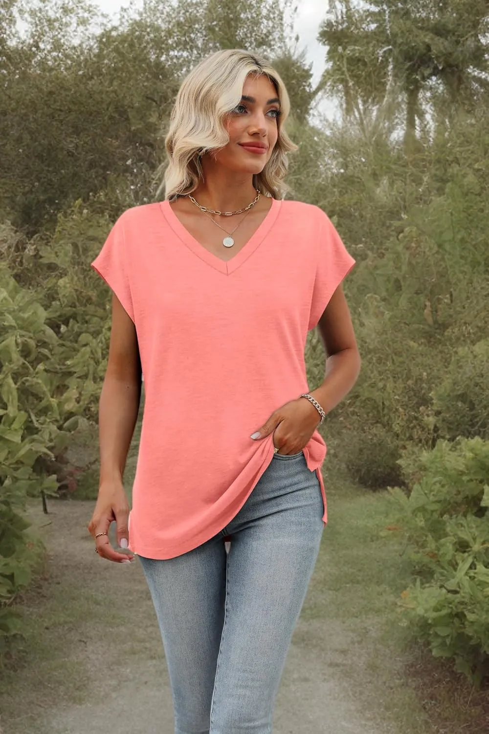 SAMPEEL Womens Summer Tops 2025 Cap Sleeve Trendy Tank Tops V Neck Loose Fit Shirts