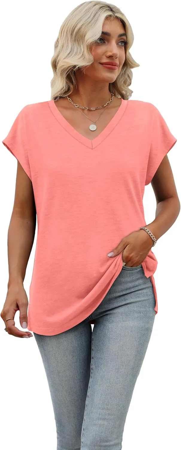 SAMPEEL Womens Summer Tops 2025 Cap Sleeve Trendy Tank Tops V Neck Loose Fit Shirts