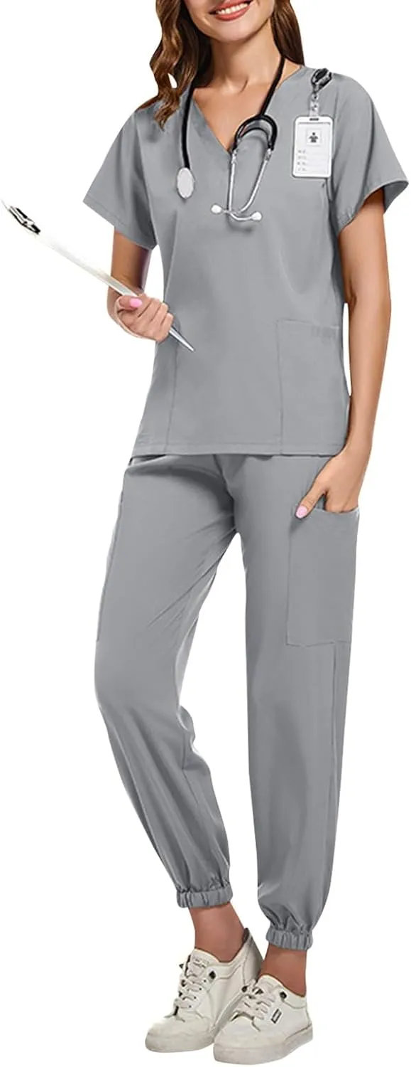 Scrub Sets for Woman 2025 Essential Jogger Scrub Set Nursing Uniform Stretch V-Neck Top & Drawstring Cargo Pants