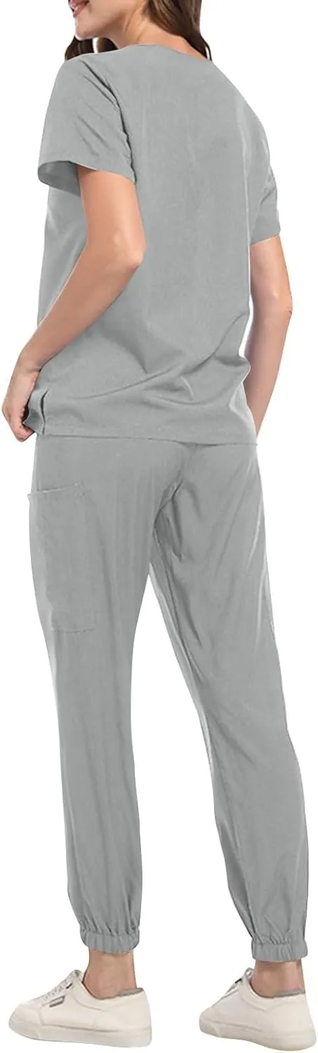 Scrub Sets for Woman 2025 Essential Jogger Scrub Set Nursing Uniform Stretch V-Neck Top & Drawstring Cargo Pants