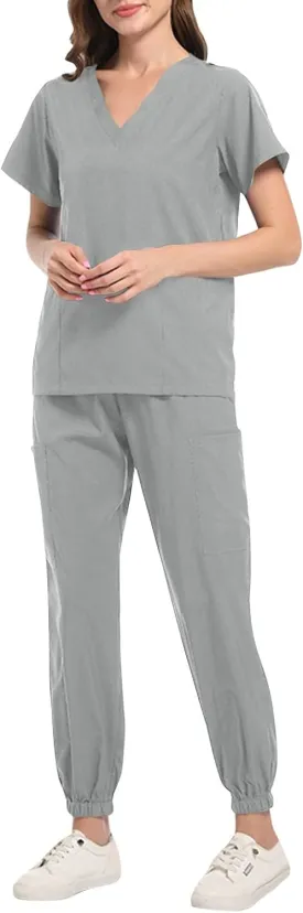 Scrub Sets for Woman 2025 Essential Jogger Scrub Set Nursing Uniform Stretch V-Neck Top & Drawstring Cargo Pants