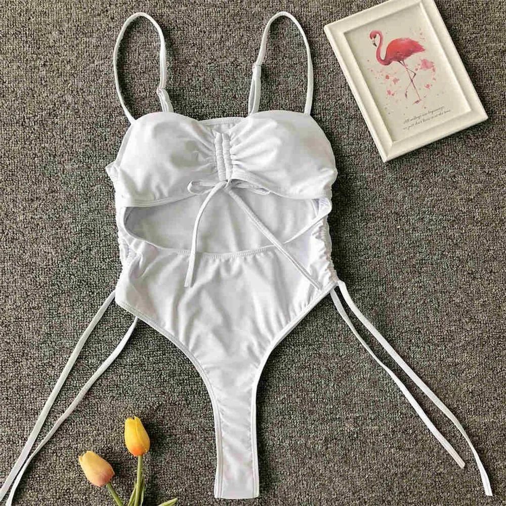 Sexy Lace Up Tummy Cut Out Monokini One Piece Swimsuit Women Swimwear Female Leopard Thong Bather Bathing Suit Swim Wear V1290