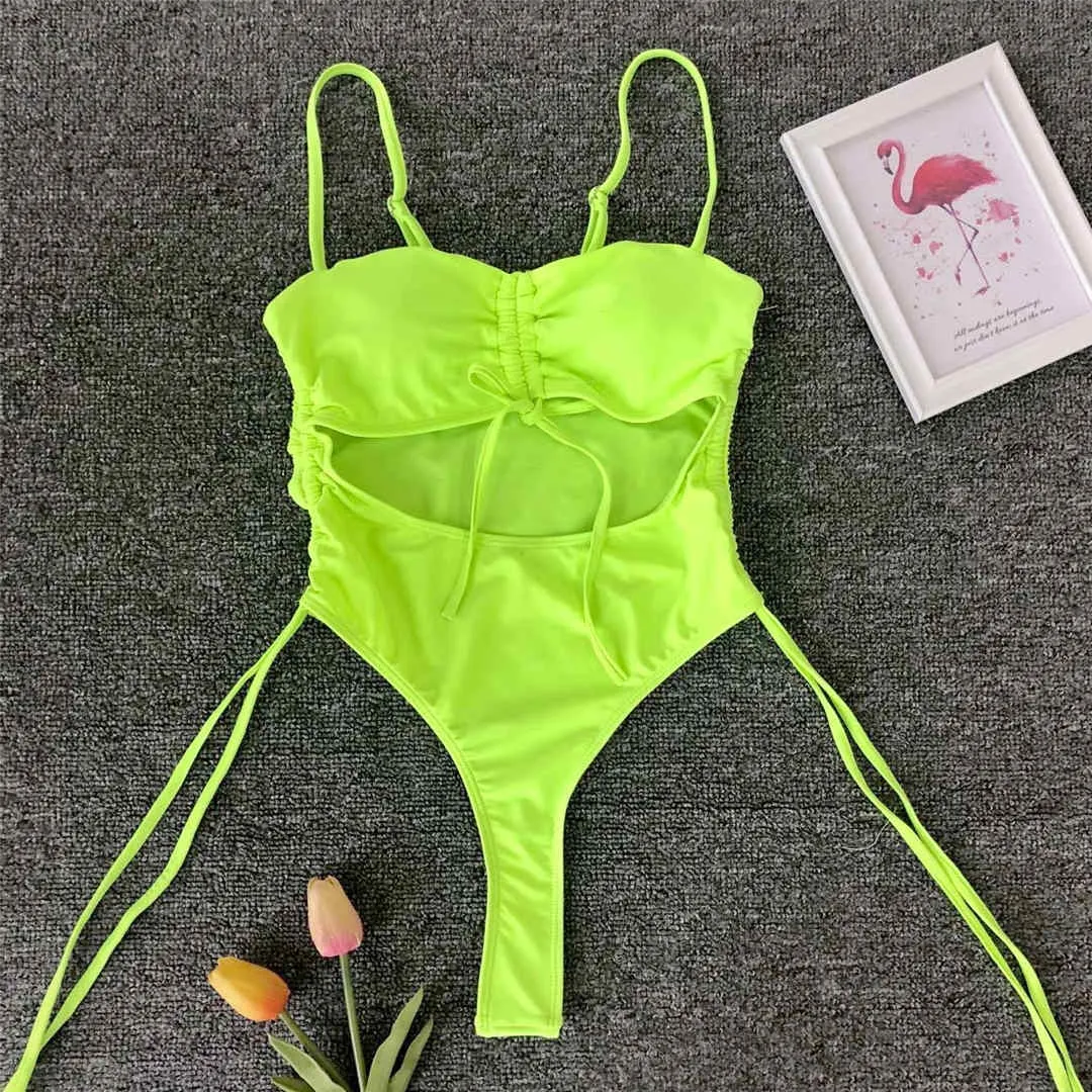 Sexy Lace Up Tummy Cut Out Monokini One Piece Swimsuit Women Swimwear Female Leopard Thong Bather Bathing Suit Swim Wear V1290