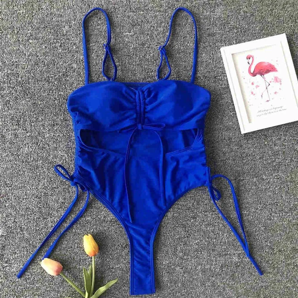 Sexy Lace Up Tummy Cut Out Monokini One Piece Swimsuit Women Swimwear Female Leopard Thong Bather Bathing Suit Swim Wear V1290