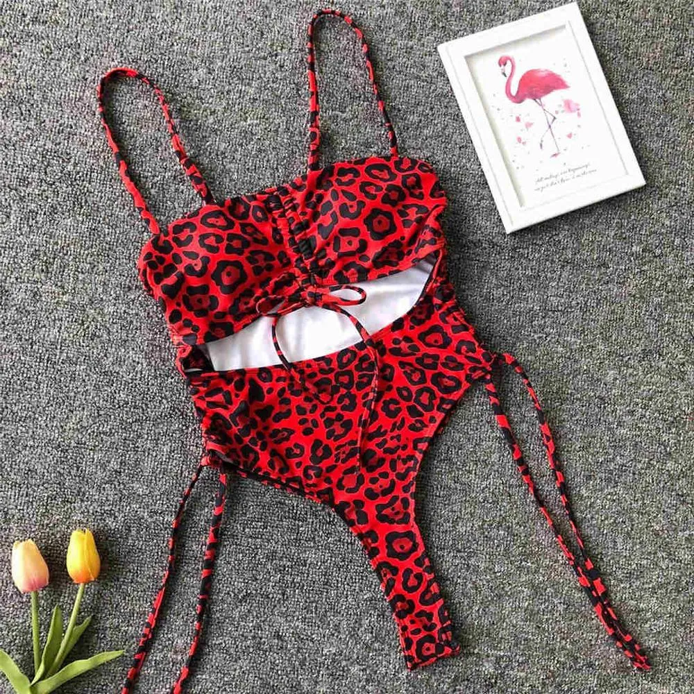 Sexy Lace Up Tummy Cut Out Monokini One Piece Swimsuit Women Swimwear Female Leopard Thong Bather Bathing Suit Swim Wear V1290