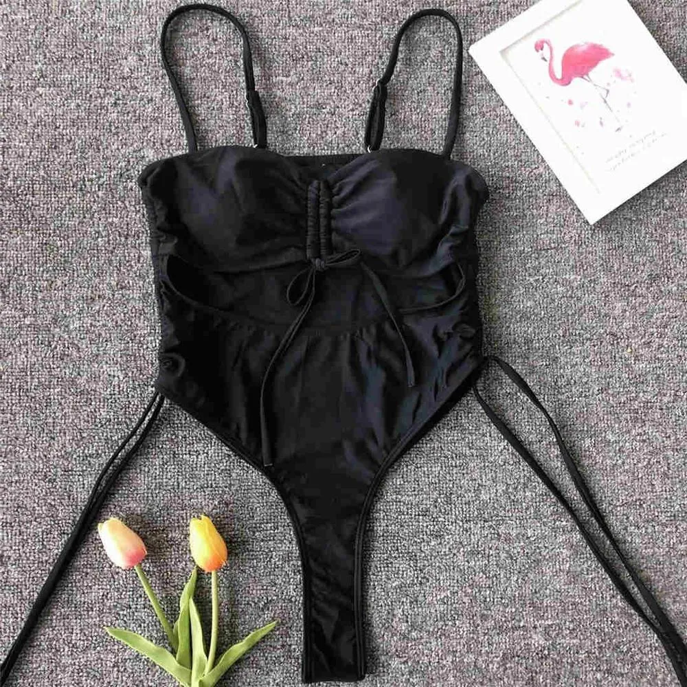 Sexy Lace Up Tummy Cut Out Monokini One Piece Swimsuit Women Swimwear Female Leopard Thong Bather Bathing Suit Swim Wear V1290