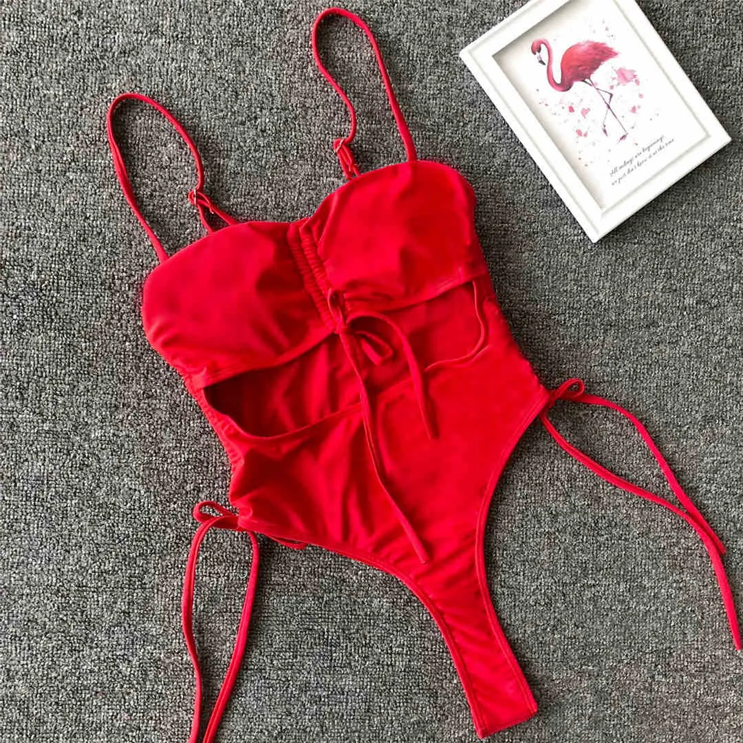 Sexy Lace Up Tummy Cut Out Monokini One Piece Swimsuit Women Swimwear Female Leopard Thong Bather Bathing Suit Swim Wear V1290