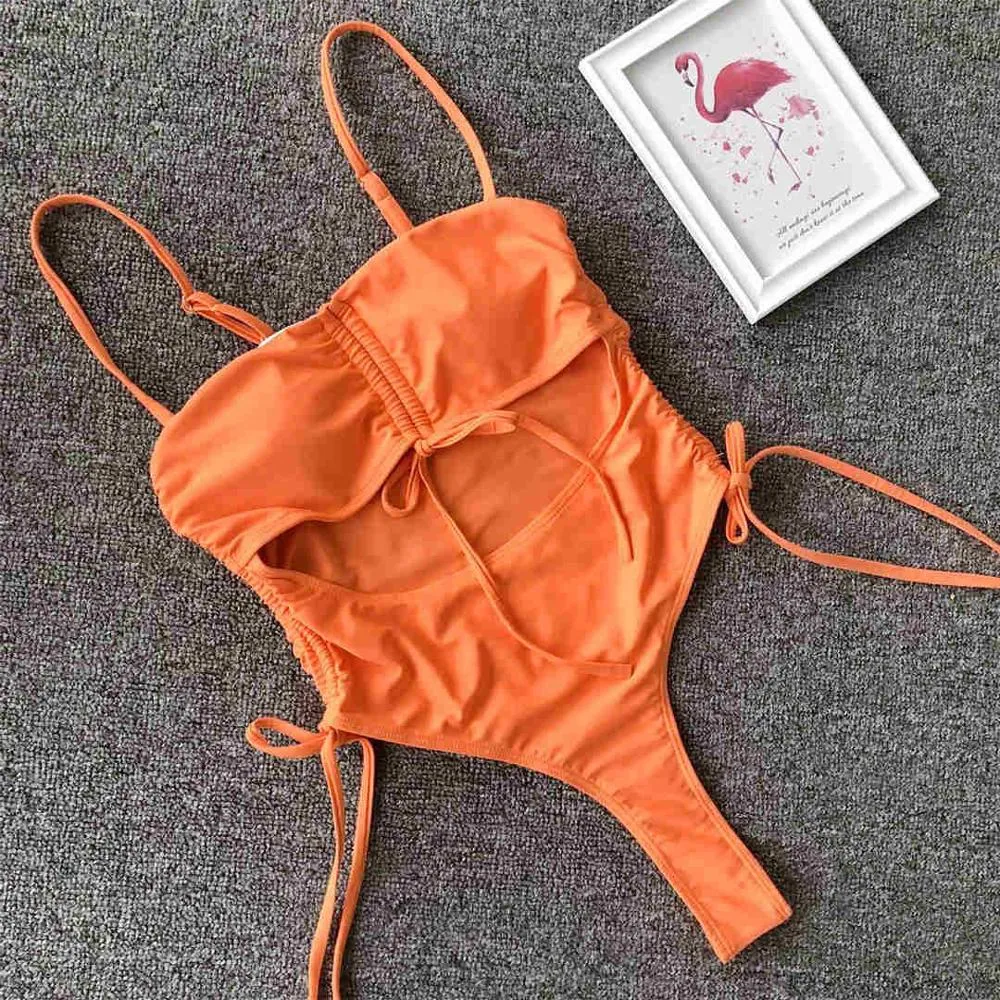 Sexy Lace Up Tummy Cut Out Monokini One Piece Swimsuit Women Swimwear Female Leopard Thong Bather Bathing Suit Swim Wear V1290