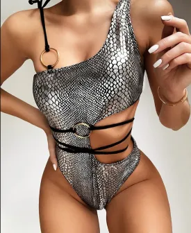 Sexy Snake Printed One Shoulder Wrap Around Cut Out Women Swimwear One Piece Swimsuit Female Bather Bathing Suit Swim Lady V1892