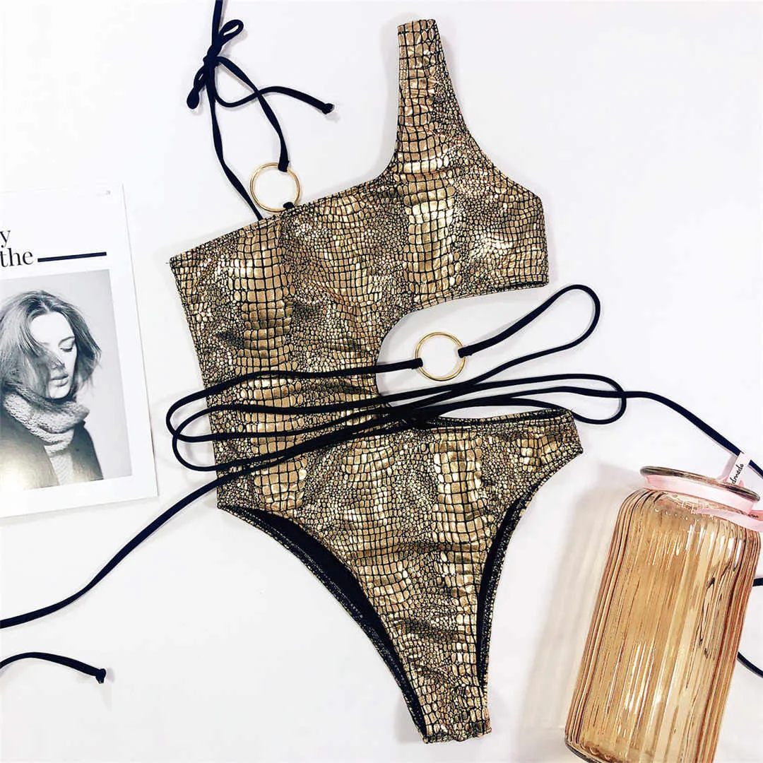 Sexy Snake Printed One Shoulder Wrap Around Cut Out Women Swimwear One Piece Swimsuit Female Bather Bathing Suit Swim Lady V1892