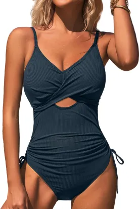 SOCIALA Ribbed One Piece Swimsuit Women Tie Side High Cut Bathing Suit Sexy Twist Front Push Up Monokini Swimwear