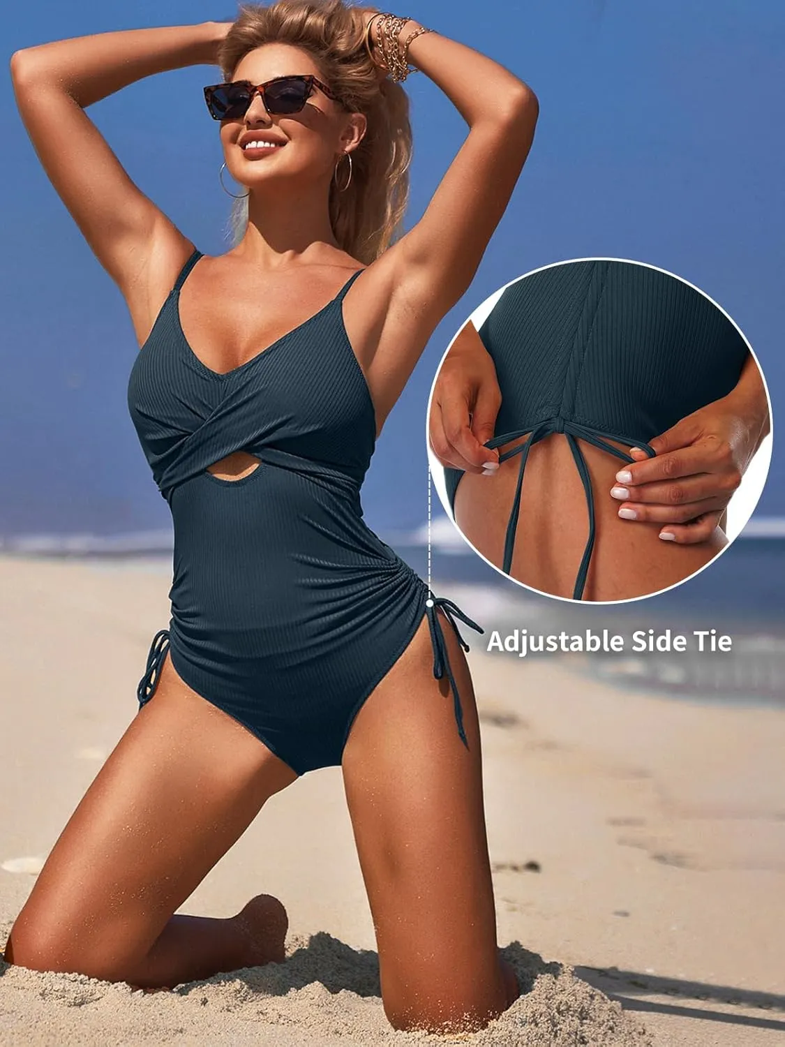 SOCIALA Ribbed One Piece Swimsuit Women Tie Side High Cut Bathing Suit Sexy Twist Front Push Up Monokini Swimwear