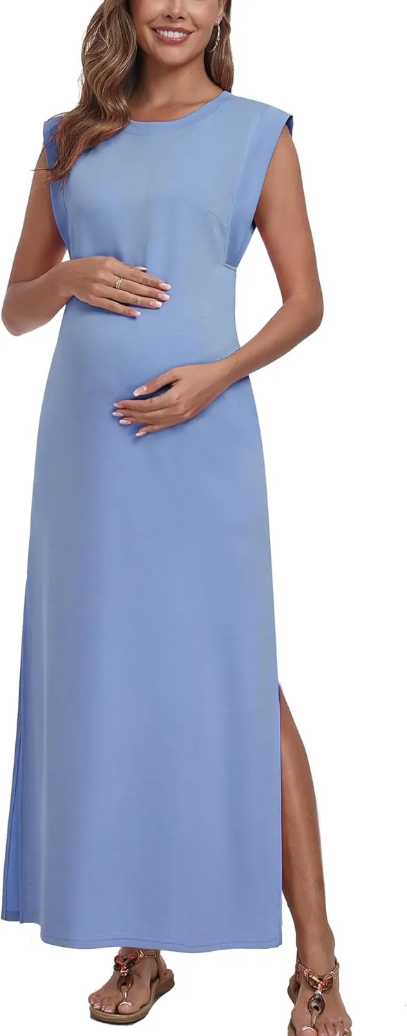 Summer Sleeveless Maternity Dress, Casual Loose Split Wrinkle-Free Long Maxi Dress with Pockets